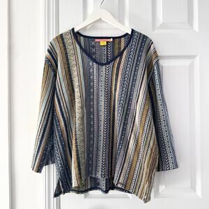 Kuna Baby Alpaca Volga Blue Yellow Beige Multi Striped V Neck Sweater XL